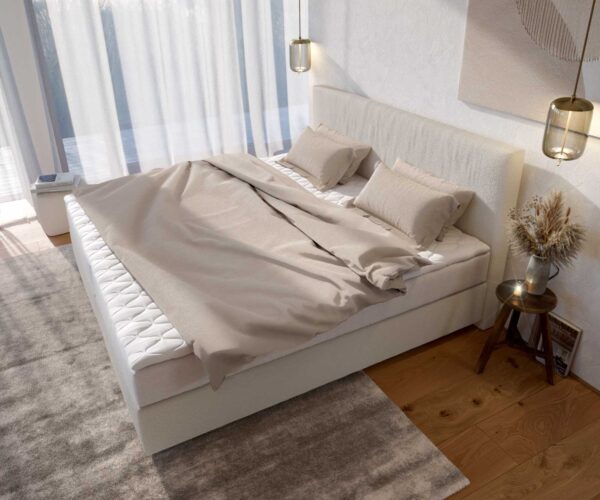 Boxspring postel Dream-Well bouclé krémově bílá 200x200 cm s matrací s jádrem z taštičkových pružin a visco topperem - Image 4