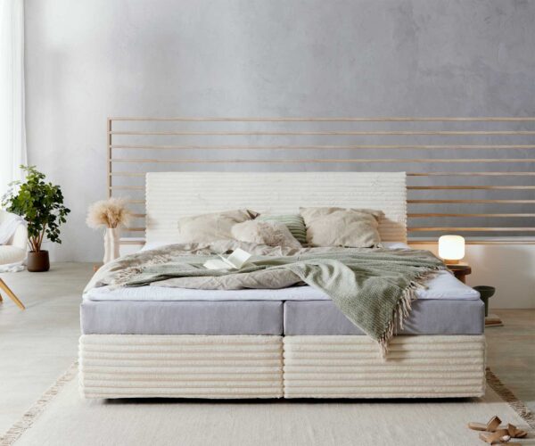 Boxspring postel Dream-Well plyšový manšestr béžový 200x200 cm s matrací s jádrem z taštičkových pružin a visco topperem - Image 2