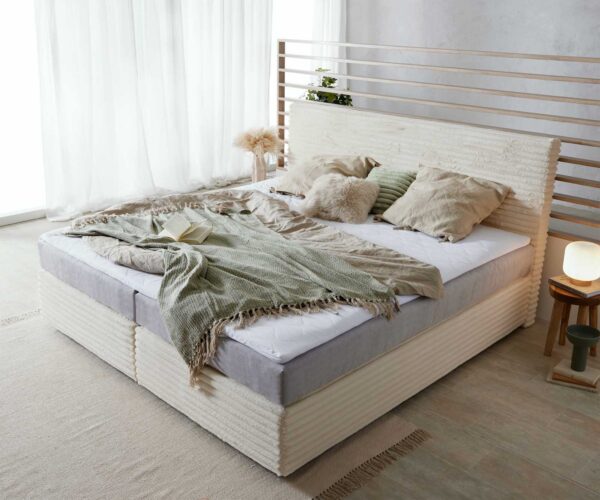 Boxspring postel Dream-Well plyšový manšestr béžový 200x200 cm s matrací s jádrem z taštičkových pružin a visco topperem - Image 4