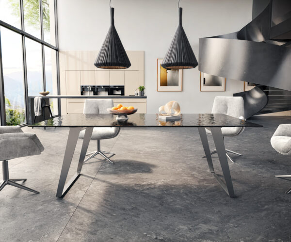 Jídelní stůl Edge 200x100 texturované sklo kouřově černé 3D design nerezová ocel šikmá - Image 2