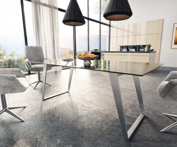 Jídelní stůl Edge 200x100 texturované sklo kouřově černé 3D design nerezová ocel šikmá - Image 4