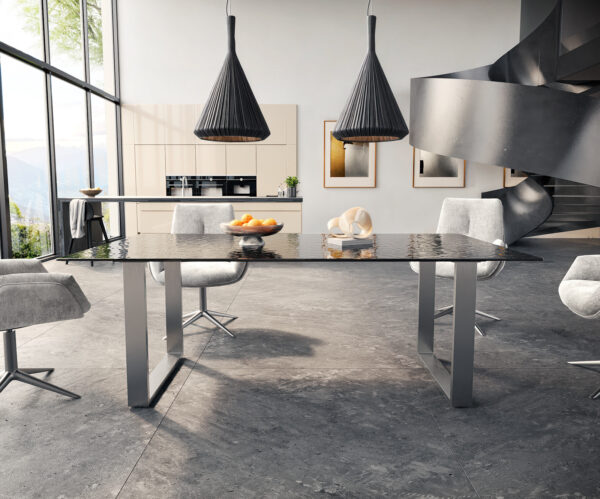 Jídelní stůl Edge 200x100 texturované sklo kouřově černé 3D design nerezová ocel úzký - Image 2
