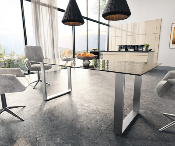 Jídelní stůl Edge 200x100 texturované sklo kouřově černé 3D design nerezová ocel úzký - Image 4