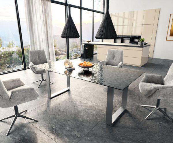 Jídelní stůl Edge 200x100 texturované sklo kouřově černé 3D design nerezová ocel úzký - Image 6
