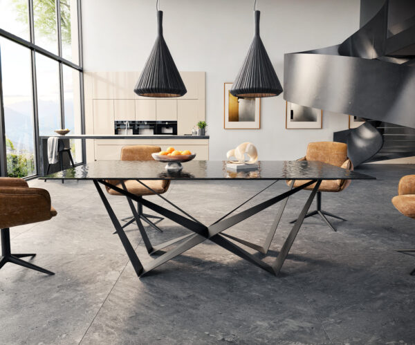 Jídelní stůl Edge 200x100 texturované sklo kouřově černé 3D design Spider matná černá - Image 2