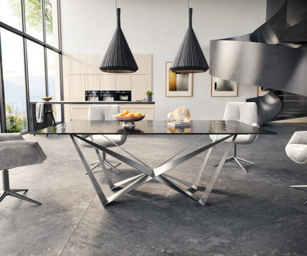 Jídelní stůl Edge 200x100 texturované sklo kouřově černé 3D design pavoučí rám plochá nerezová ocel - Image 2
