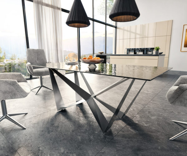 Jídelní stůl Edge 200x100 texturované sklo kouřově černé 3D design pavoučí rám plochá nerezová ocel - Image 4