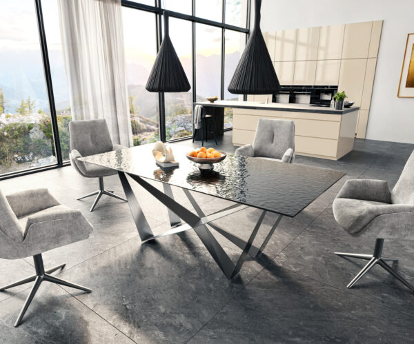 Jídelní stůl Edge 200x100 texturované sklo kouřově černé 3D design pavoučí rám plochá nerezová ocel - Image 6