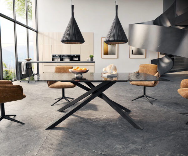 Jídelní stůl Edge 200x100 texturované sklo kouřově černé 3D design křížová podnož obdélníkový černý - Image 2