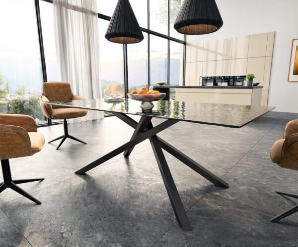 Jídelní stůl Edge 200x100 texturované sklo kouřově černé 3D design křížová podnož obdélníkový černý - Image 4