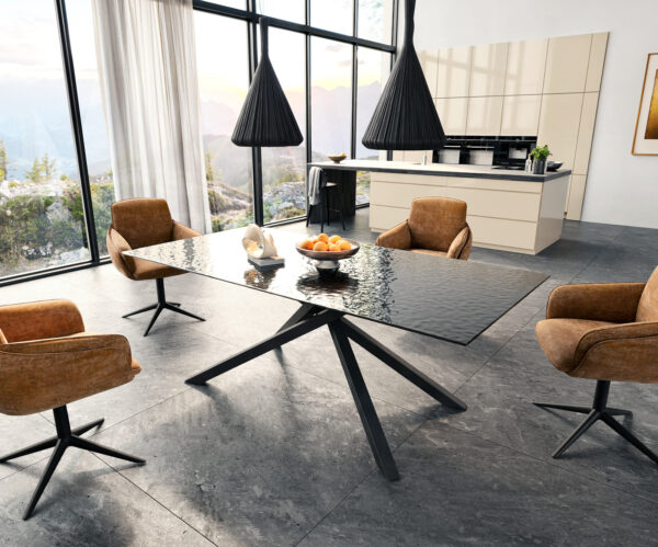 Jídelní stůl Edge 200x100 texturované sklo kouřově černé 3D design křížová podnož obdélníkový černý - Image 6