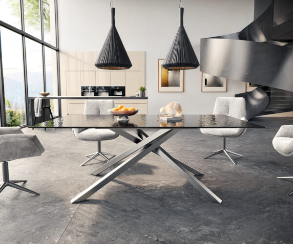 Jídelní stůl Edge 200x100 texturované sklo kouřově černé 3D design křížový rám obdélníkový nerezová ocel - Image 2