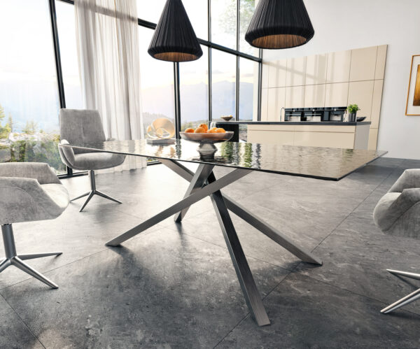 Jídelní stůl Edge 200x100 texturované sklo kouřově černé 3D design křížový rám obdélníkový nerezová ocel - Image 4
