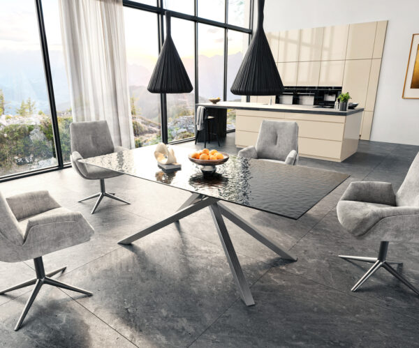 Jídelní stůl Edge 200x100 texturované sklo kouřově černé 3D design křížový rám obdélníkový nerezová ocel - Image 6
