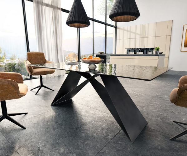 Jídelní stůl Edge 200x100 texturované sklo kouřově černé 3D design V-rám plochý černý - Image 4
