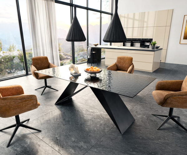 Jídelní stůl Edge 200x100 texturované sklo kouřově černé 3D design V-rám plochý černý - Image 6