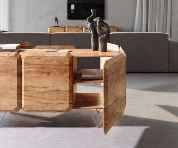 Komoda Kiano acacia natural 3 dveře v-nohy nerezová ocel - Image 5