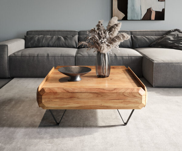 Konferenční stolek Kiano 90x90 cm přírodní akácie 2 zásuvky V-nohy černé - Image 2