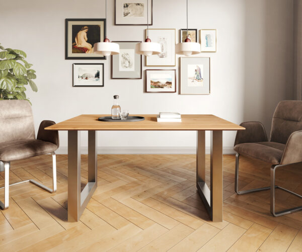 Jídelní stůl Edge 140x90 akácie přírodní nerezová ocel široký švýcarská hrana - Image 2