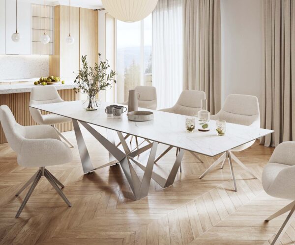 Jídelní stůl Edge 300x100cm Laminam® keramika bílá, centrální noha, plochá ocel stříbrná - Image 2