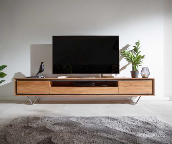 TV stolek Stonegrace 240 cm akácie natural 2 dvířka 1 přihrádka 2 zásuvky stoneveneer V-noha - Image 2
