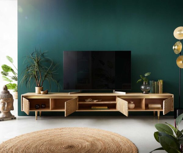 TV stolek Budaya Mango Natur 260 cm 4 dveře 2 přihrádky kulaté nohy - Image 4
