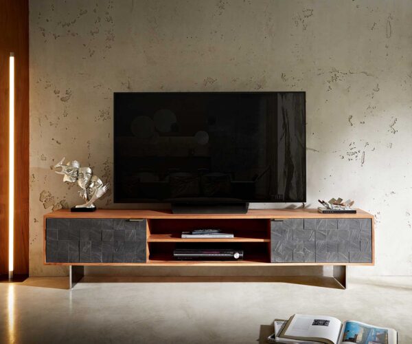 TV stolek Teele 200 cm přírodní akácie, šedá, 2 dveře, nohy ve stylu „floating“, nerezová ocel - Image 2