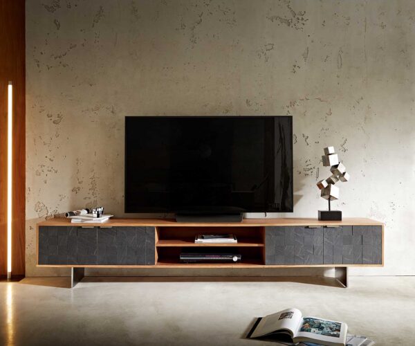 TV stolek Teele 240 cm přírodní akácie, deska ze šedého kamene, 4 dveře, nohy ve stylu floating, nerezová ocel - Image 2