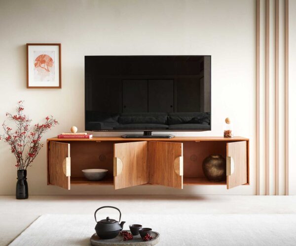TV stolek Surimu 175x40x40 cm akácie světle hnědá 4 dveře korkové úchyty závěsná - Image 4