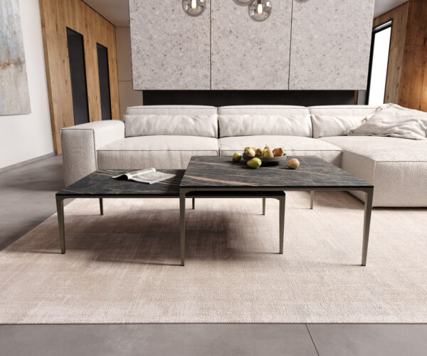 Konferenční stolek Levente 85x85 cm keramika Laminam® Noir Desir, černý kovový rám - Image 7