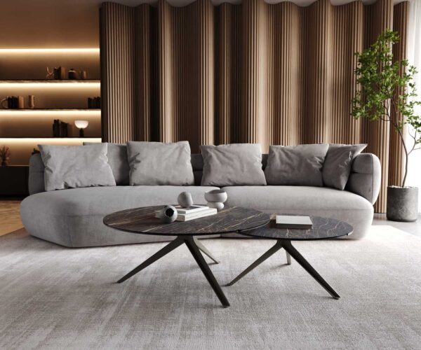 Konferenční stolek Delron 90x90 cm keramika Laminam® Noir Desir hnědý křížový rám, plochý kov s titanovým efektem - Image 7