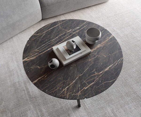 Konferenční stolek Delron 90x90 cm keramika Laminam® Noir Desir hnědý křížový rám, plochý kov s titanovým efektem - Image 5