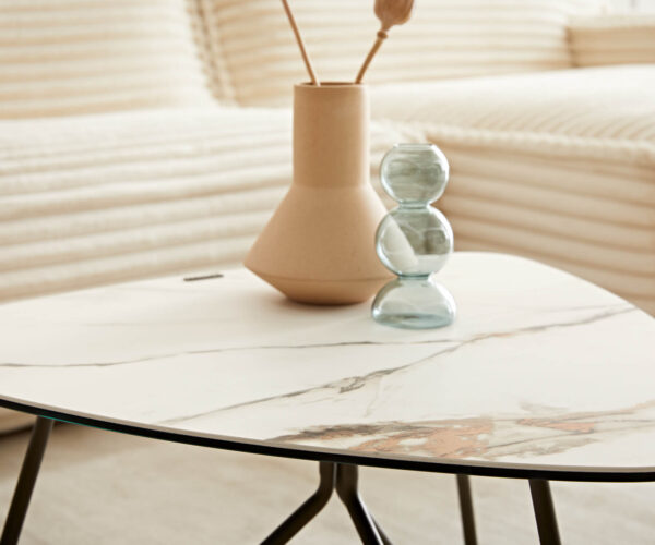 Konferenční stolek Ekrem 65x40 cm keramika Calaccatta Luxe bílá-zlatá-šedá, křížový rám, kulatý kov, titanový efekt - Image 6