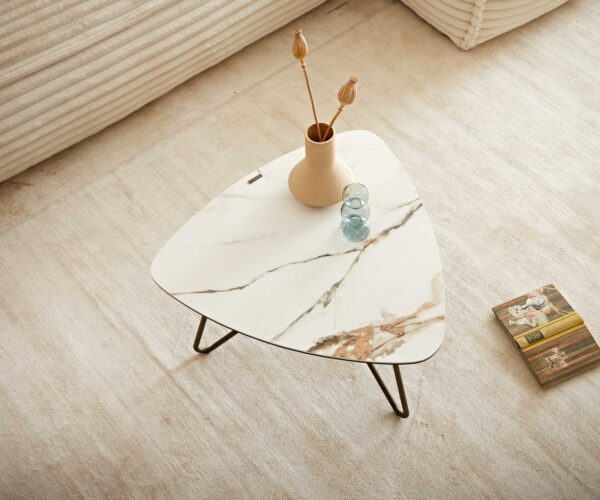 Konferenční stolek Ekrem 65x40 cm keramika Calaccatta Luxe bílá-zlatá-šedá, křížový rám, kulatý kov, titanový efekt - Image 5