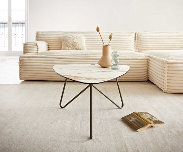 Konferenční stolek Ekrem 65x40 cm keramika Calaccatta Luxe bílá-zlatá-šedá, křížový rám, kulatý kov, titanový efekt - Image 2