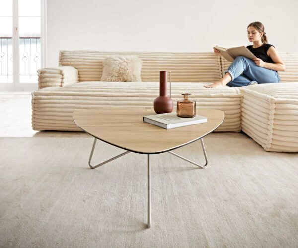 Konferenční stolek Ekrem 85x35 cm keramika Laminam® Sabbia dubová barva, kulatá nerezová ocelová konstrukce - Image 2
