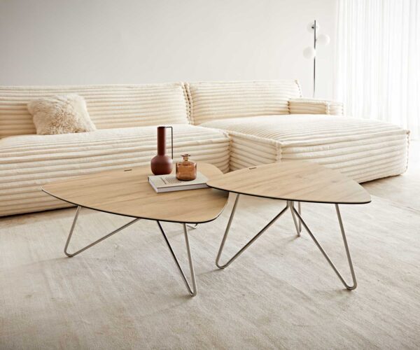 Konferenční stolek Ekrem 65x40 cm keramika Laminam® Sabbia, dubová barva, křížová konstrukce, kulatý, nerezová ocel - Image 8