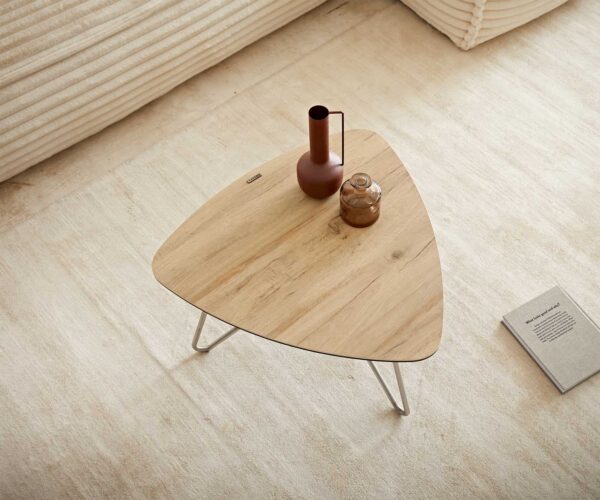 Konferenční stolek Ekrem 65x40 cm keramika Laminam® Sabbia, dubová barva, křížová konstrukce, kulatý, nerezová ocel - Image 5