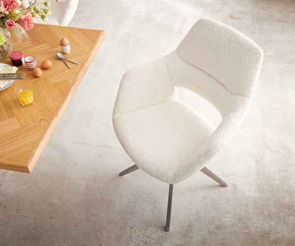 Jídelní židle Yago-Flex XL s područkami bouclé bílá křížová podnož široká nerezová ocel 360° otočná - Image 4