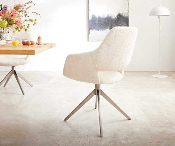 Jídelní židle Yago-Flex XL s područkami bouclé bílá křížová podnož široká nerezová ocel 360° otočná - Image 3