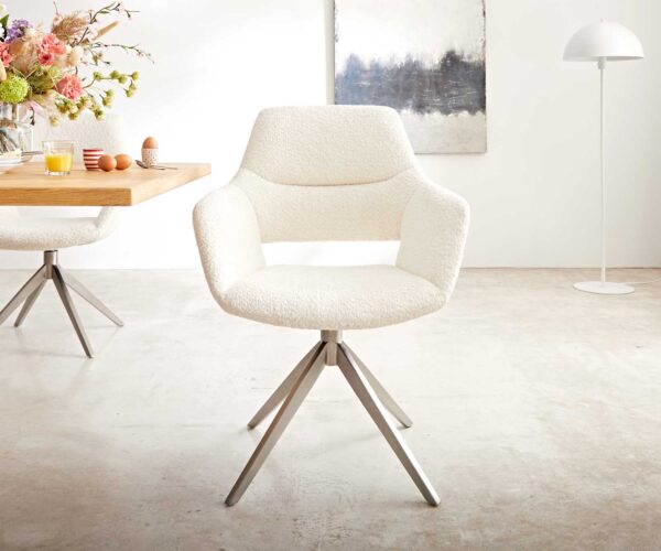 Jídelní židle Yago-Flex XL s područkami bouclé bílá křížová podnož široká nerezová ocel 360° otočná - Image 2