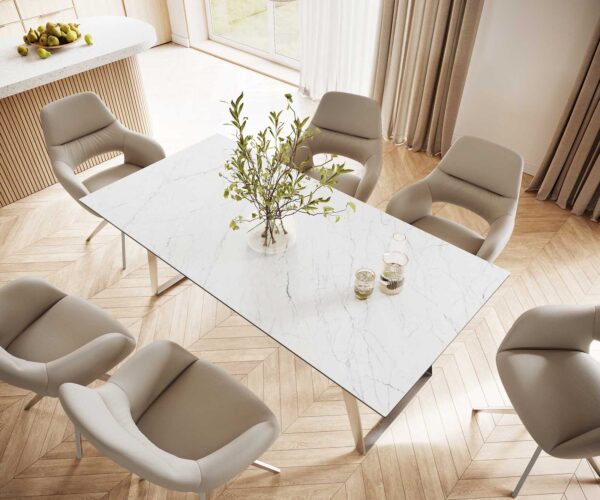 Jídelní stůl Edge 200x100 cm keramika Laminam® Statuarettio bílá, šikmý rám z nerezové oceli - Image 6