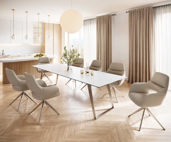 Jídelní stůl Edge 300x100 cm keramika Laminam® Statuarettio bílá, šikmý rám nerezová ocel - Image 8