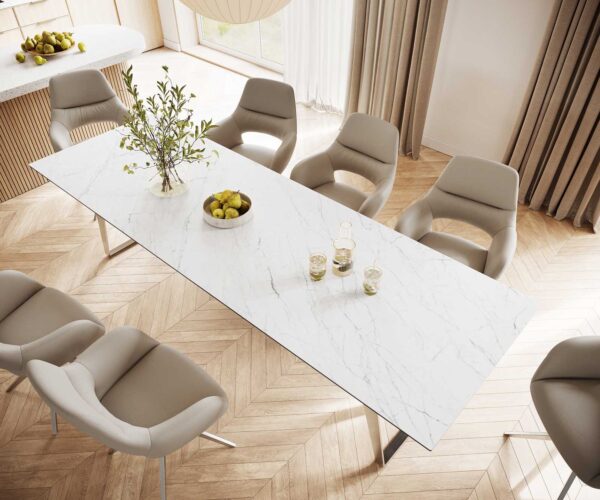 Jídelní stůl Edge 300x100 cm keramika Laminam® Statuarettio bílá, šikmý rám nerezová ocel - Image 6