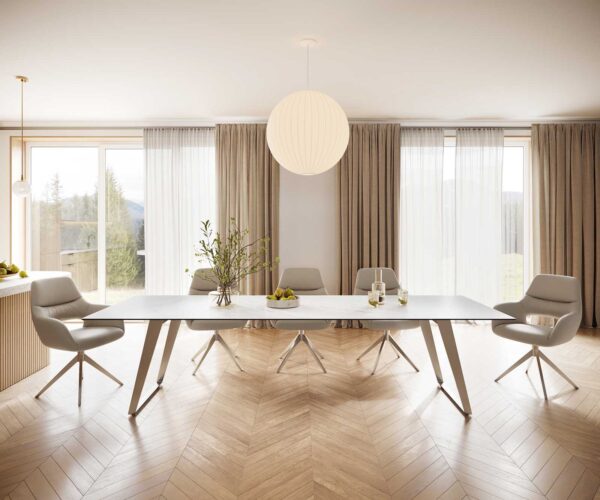 Jídelní stůl Edge 300x100 cm keramika Laminam® Statuarettio bílá, šikmý rám nerezová ocel - Image 4