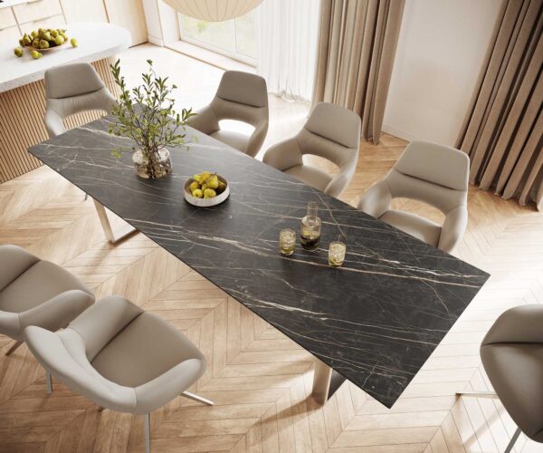 Jídelní stůl Edge 300x100 cm keramika Laminam® Noir Desir hnědý úzký rám nerezová ocel - Image 4