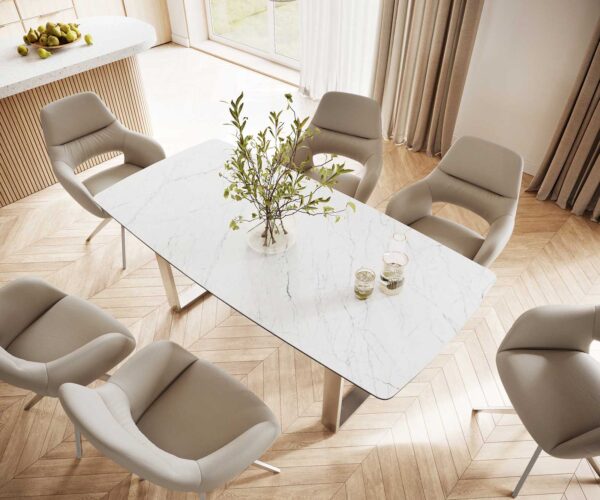 Jídelní stůl Edge 200x100 cm lodní tvar keramika Laminam® Statuarettio bílá úzký rám nerezová ocel - Image 6