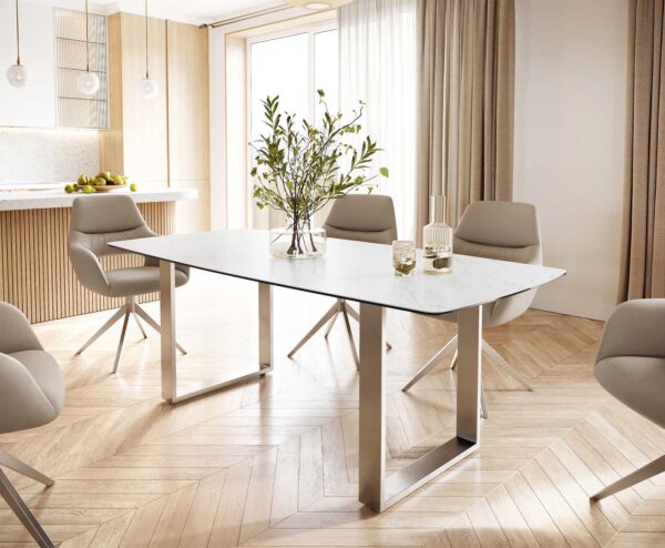 Jídelní stůl Edge 200x100 cm lodní tvar keramika Laminam® Statuarettio bílá úzký rám nerezová ocel