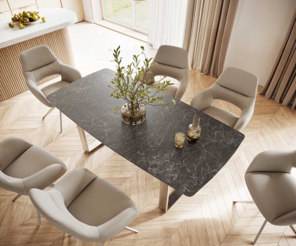 Jídelní stůl Edge 200x100 cm lodní tvar keramika Laminam® Nero Greco šedá úzký rám nerezová ocel - Image 4