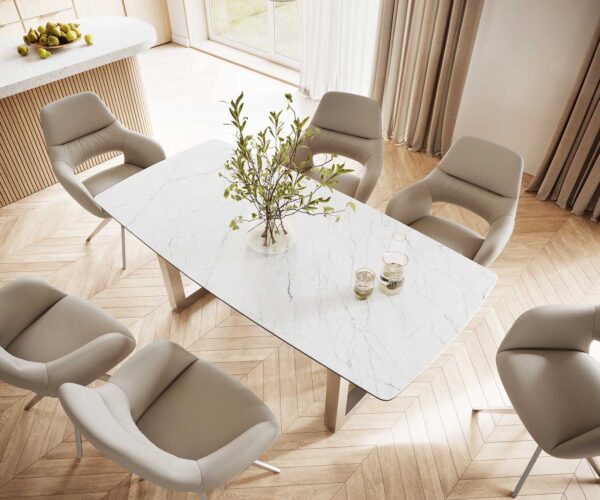 Jídelní stůl Edge 200x100 cm keramika Laminam® Statuarettio white tvar lodě široký rám nerezová ocel - Image 6